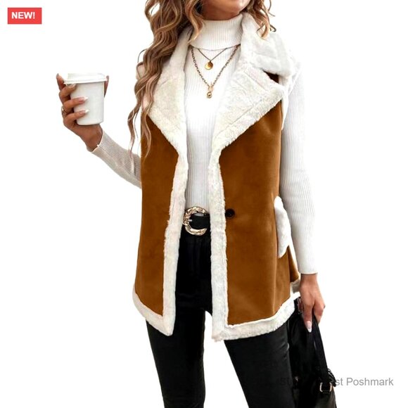 Suede Leather Vest with Faux Sherpa Fur Lining Sleeveless Zip Up
